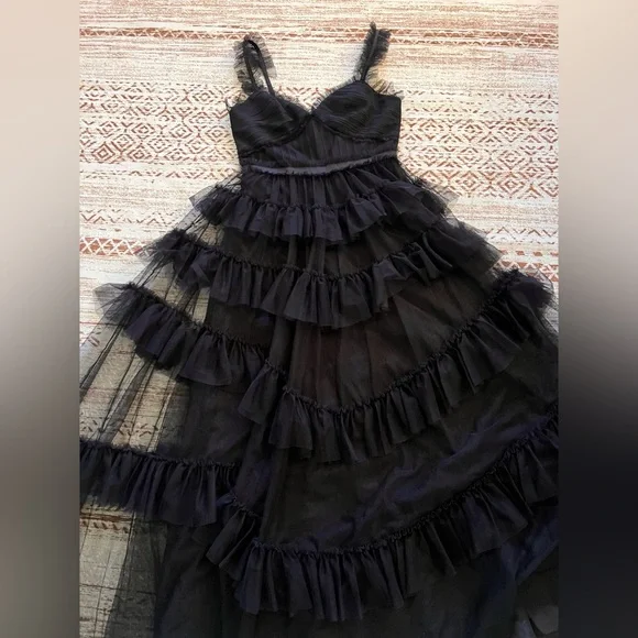 Betsy & Adam Black Ruffled Prom Dress